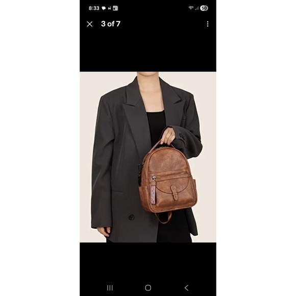Fadeon Cognac Brown Vegan Leather Mini Backpack Woven Trim Boho